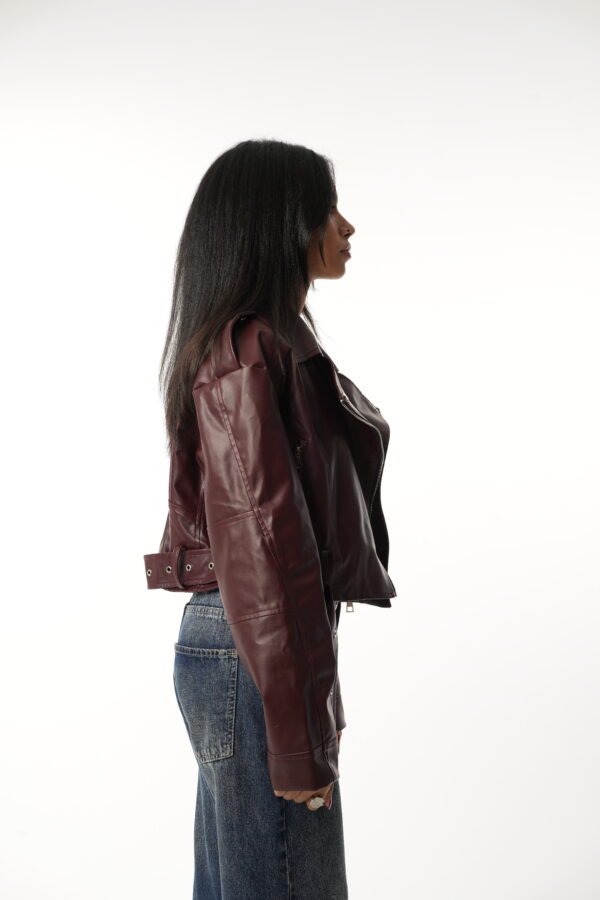 Burgundy Zipper Leather Jacket - Image 5