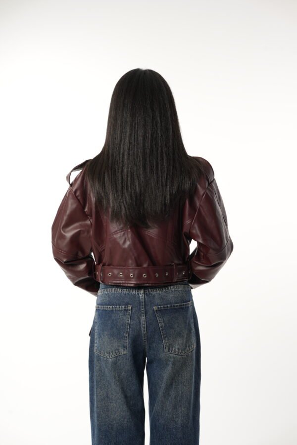 Burgundy Zipper Leather Jacket - Image 4