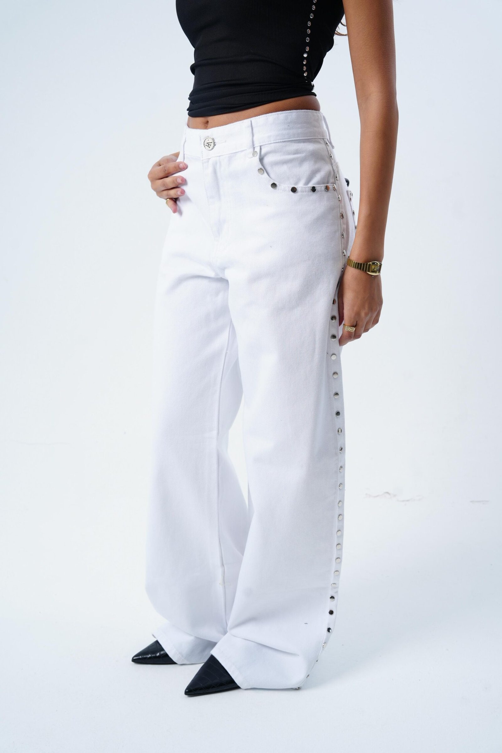 WHITE STUDDED DENIM